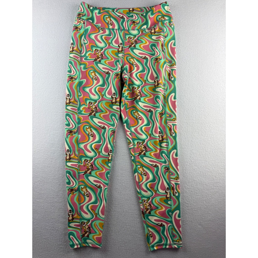 Disney Chip n Dale Psychedelic Swirl Leggings Womens Medium Pink Green Pockets